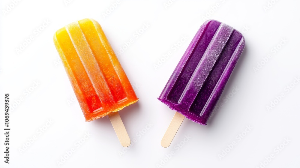Two colorful popsicles with frosty texture, perfectly centered on a pure white background, vibrant and refreshing summer treat, isolated for product advertising Two colorful popsicles with frosty texture, perfectly centered on a pure white background, vibrant and refreshing summer treat, isolated for product advertising