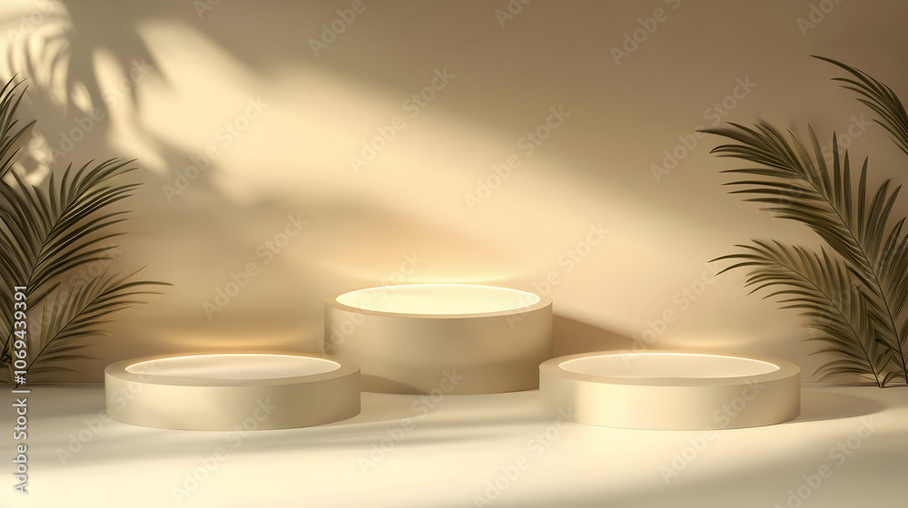 Three beige light podiums for cosmetic product presentations - Three beige light podiums for cosmetic product presentations -