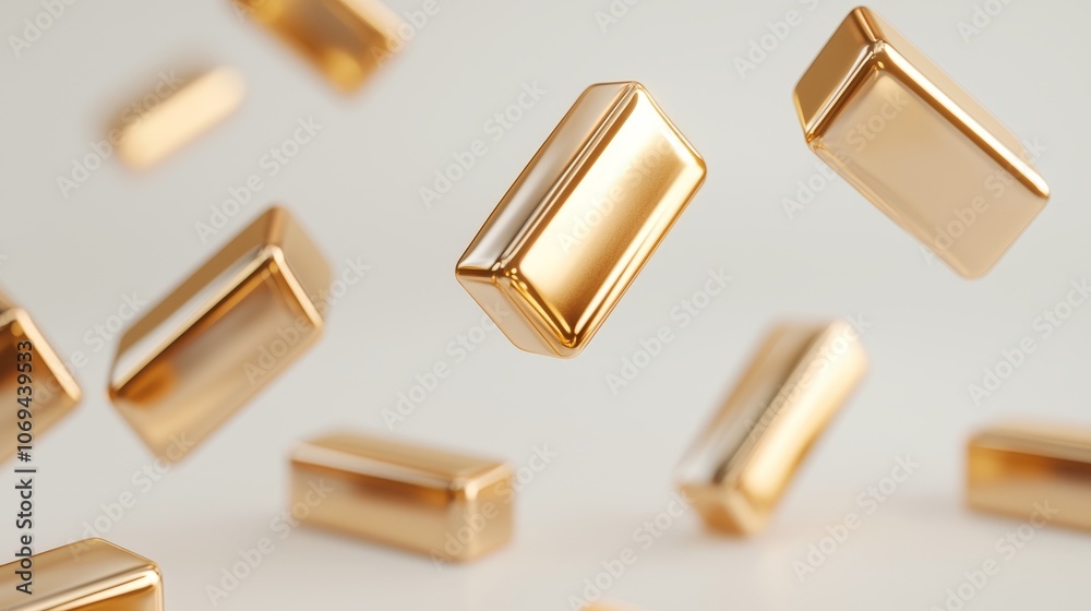 Multiple gold bars floating mid-air, casting soft shadows on a white surface, minimalist and refined luxury composition Multiple gold bars floating mid-air, casting soft shadows on a white surface, minimalist and refined luxury composition