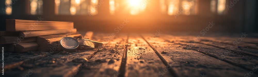 A serene sunset shines through wooden beams, illuminating a dusty floor, highlighting the beauty of nature and tranquility.