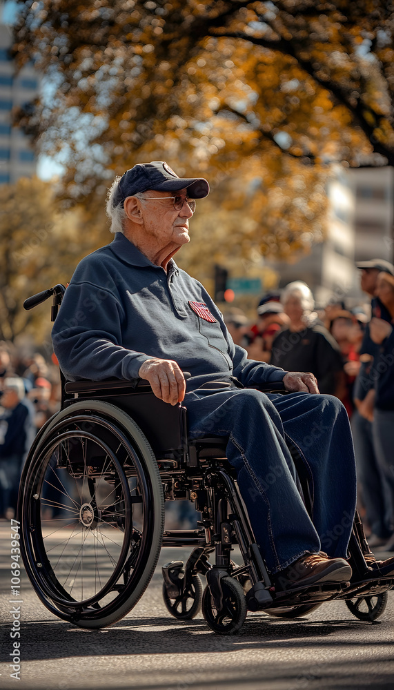 Wheelchair-Bound Veteran at Veterans Day Parade with Spectators  -