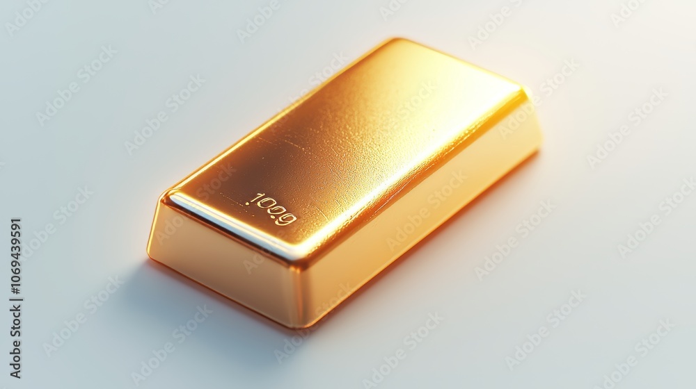 A single gold bar surrounded by glowing light, isolated on a pure white background, rich metallic texture and sharp reflections A single gold bar surrounded by glowing light, isolated on a pure white background, rich metallic texture and sharp reflections