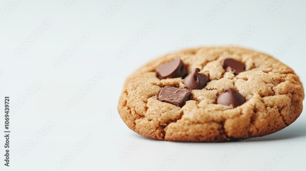 Single chocolate chip cookie in sharp focus, golden-brown surface with melty chocolate, white background, ideal for food packaging design Single chocolate chip cookie in sharp focus, golden-brown surface with melty chocolate, white background, ideal for food packaging design