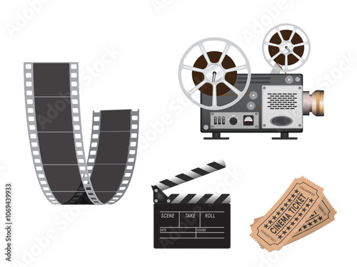 Film projector, film strip on white background. 3D vector. High detailed realistic illustration.