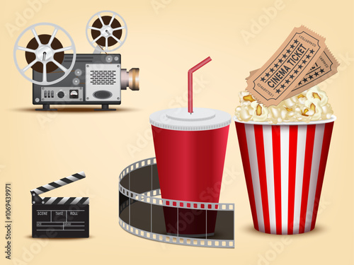 Realistic popcorn on yellow background, popcorn concept in cinema and entertainment in cinema. 3D popcorn for Poster design, advertisement, web banner, billboard and etc.