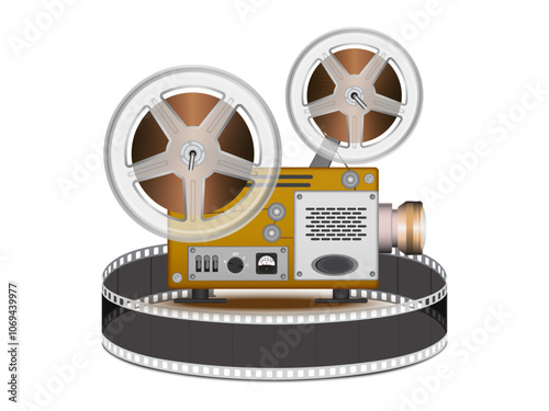 Film projector, film strip on white background. 3D vector. High detailed realistic illustration.