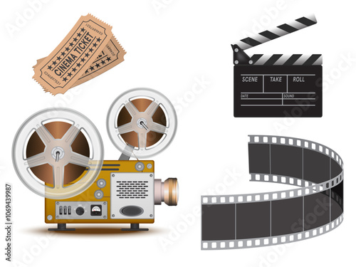 Film projector, film strip on white background. 3D vector. High detailed realistic illustration.