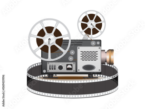 Film projector, film strip on white background. 3D vector. High detailed realistic illustration.