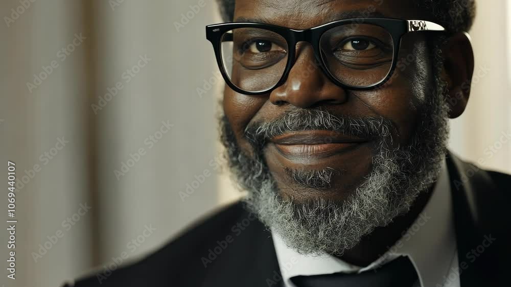 A man with glasses and a beard smiles slightly while wearing a suit A man with glasses and a beard smiles slightly while wearing a suit