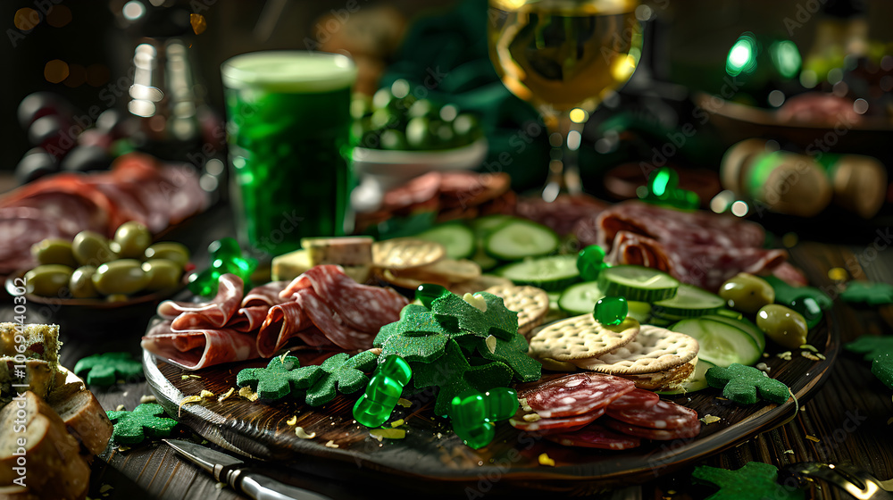 St. Patrick's Day themed charcuterie board, food photography St. Patrick's Day themed charcuterie board, food photography
