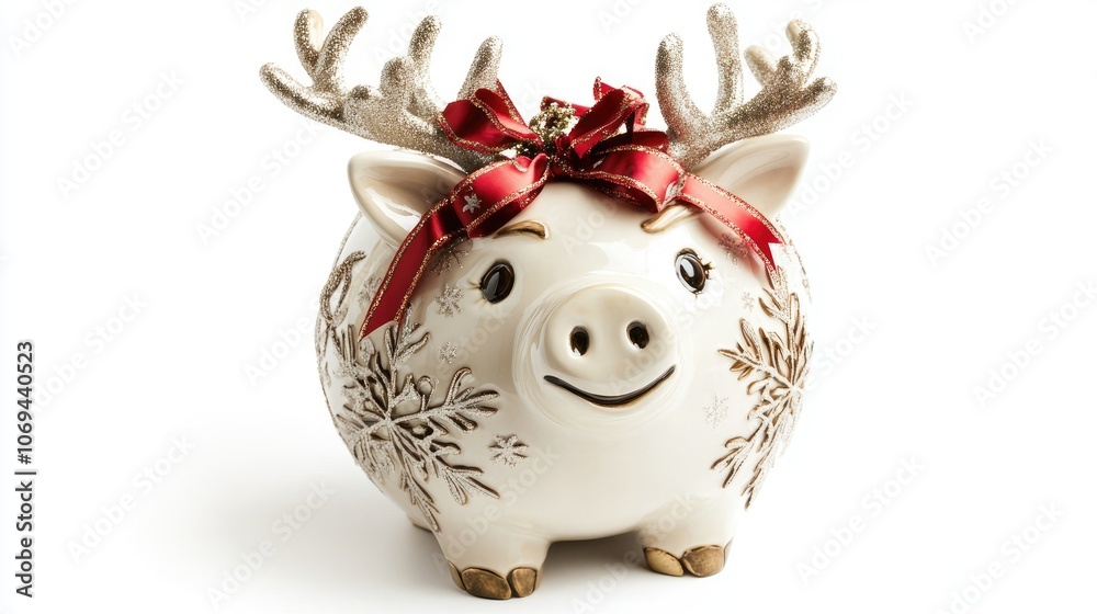 Festive Piggy Bank with Antlers and Bow Decoration Festive Piggy Bank with Antlers and Bow Decoration