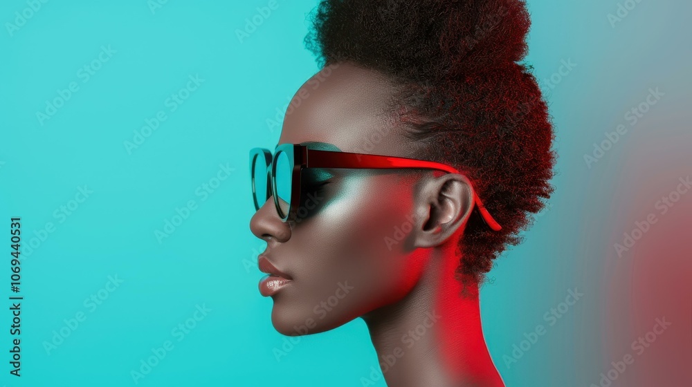 Stunning closeup of a mixed race womans profile, showcasing her beauty with a striking 3D anaglyph effect.