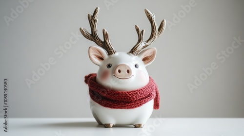 Cute Pig Figurine with Antlers and Scarf