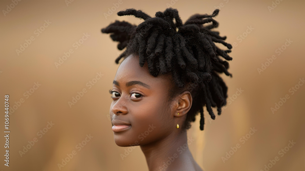 A joyful young woman beams with happiness, showcasing her vibrant personality in a stunning profile portrait. A joyful young woman beams with happiness, showcasing her vibrant personality in a stunning profile portrait.