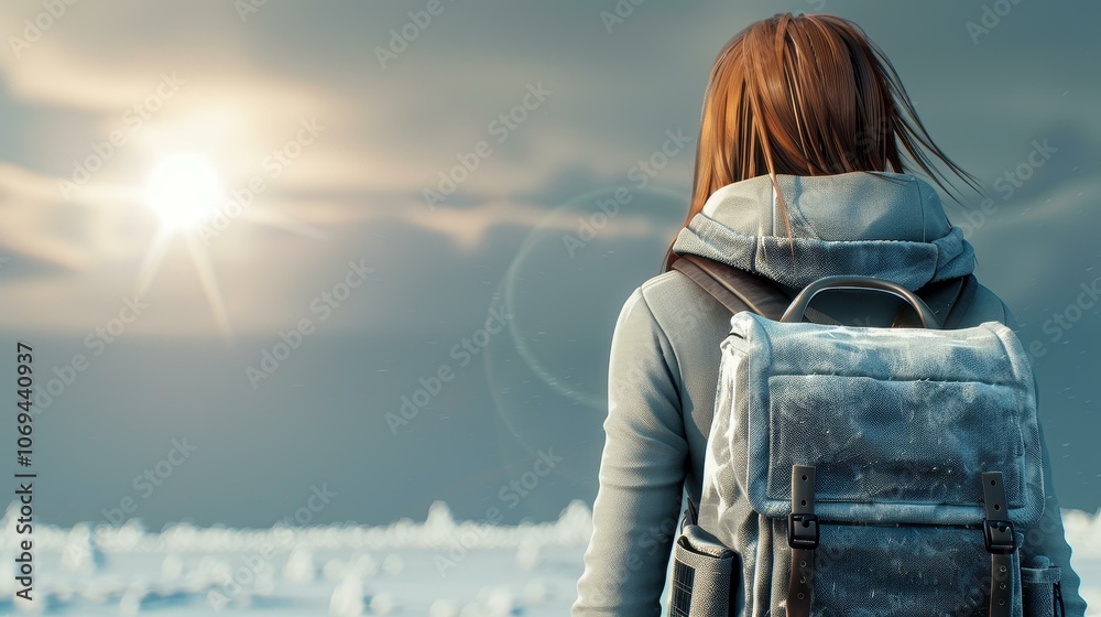 Fototapeta premium A winter adventurer gazes ahead, her backpack ready for exploration. The lens flare adds a magical touch to the scene.