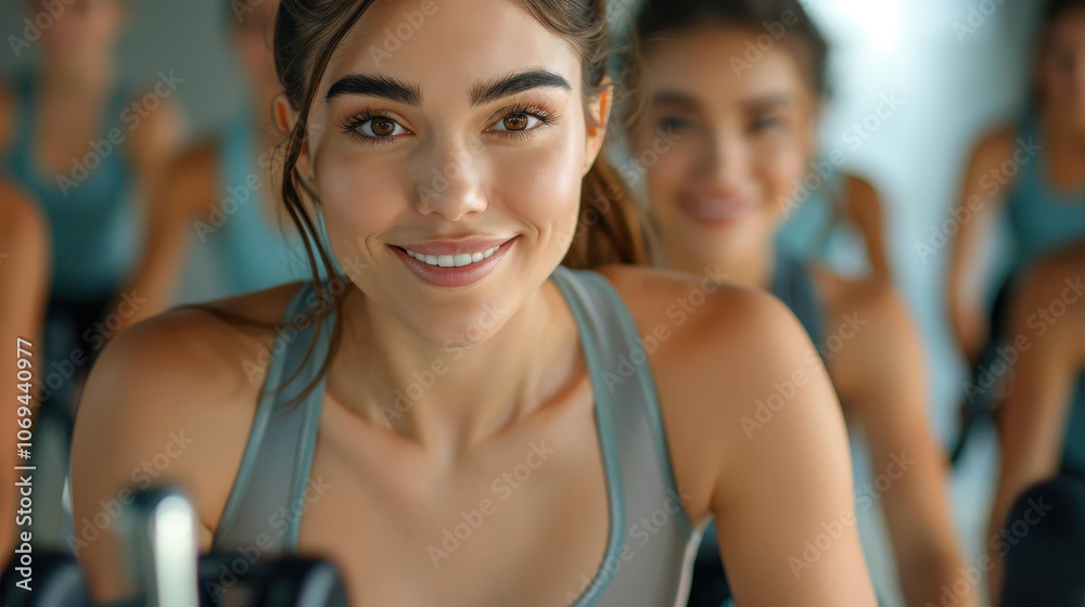 Joyful girl shines in a spinning class with friends, cycling with energy and excitement at a vibrant studio. Joyful girl shines in a spinning class with friends, cycling with energy and excitement at a vibrant studio.
