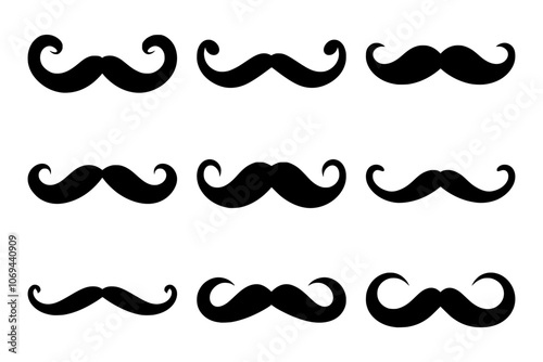 Set of nine black mustache silhouettes in various classic styles, ideal for vintage designs, barbershop logos, and novelty projects. Vector illustration