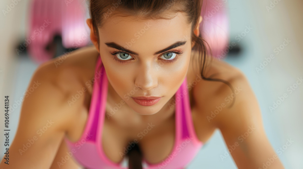 Energetic young woman rides a stationary bike, pushing her limits during an intense indoor cycling workout at the gym. Energetic young woman rides a stationary bike, pushing her limits during an intense indoor cycling workout at the gym.