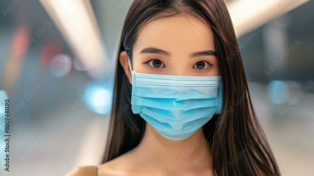 Woman in a mask waits at the airport, blending safety with the thrill of travel amid bustling terminal life. Woman in a mask waits at the airport, blending safety with the thrill of travel amid bustling terminal life.