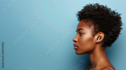 Energetic woman immersed in tunes with wireless headphones against a vibrant blue backdrop.