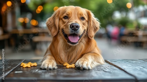 A charming scene of a golden retriever enjoying treats at a cozy caf table, perfect for petfriendly dining.