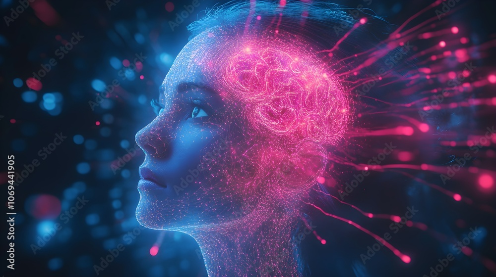 Woman's brain glowing with holographic neural patterns, digital data streams orbiting her head, cyberpunk, neon pink and blue, futuristic AI aesthetics Woman's brain glowing with holographic neural patterns, digital data streams orbiting her head, cyberpunk, neon pink and blue, futuristic AI aesthetics
