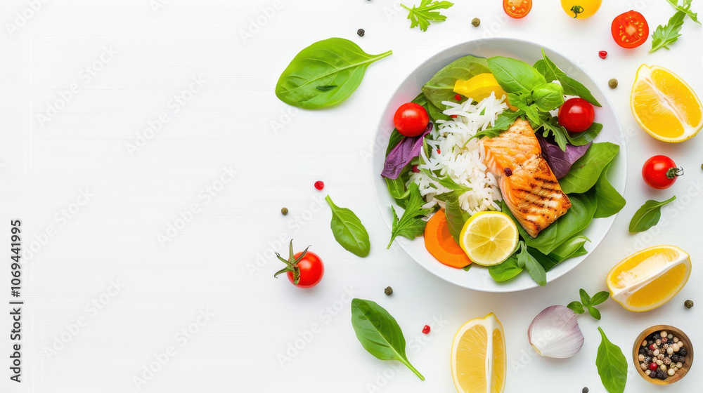 Delight in a vibrant fresh salad topped with succulent salmon, flavorful rice, and crisp vegetables. Perfect for a healthy meal Delight in a vibrant fresh salad topped with succulent salmon, flavorful rice, and crisp vegetables. Perfect for a healthy meal
