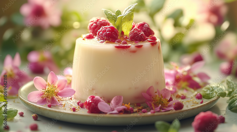 Delicate panna cotta adorned with raspberries and mint on a floral plate Delicate panna cotta adorned with raspberries and mint on a floral plate