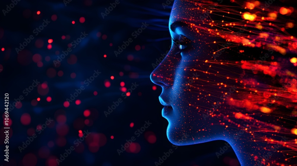 Woman's face illuminated by neural networks, glowing data streams connecting brain cells, sci-fi, bioluminescent colors, digital painting Woman's face illuminated by neural networks, glowing data streams connecting brain cells, sci-fi, bioluminescent colors, digital painting
