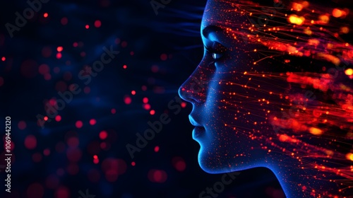 Woman's face illuminated by neural networks, glowing data streams connecting brain cells, sci-fi, bioluminescent colors, digital painting photo