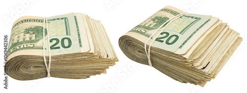 20$ bills. Stack of twenty American bills. Cash wad roll. Money rolled in half with rubber band. Green USA bank notes. USD banking saving. Paper money note. Business success. Rich. Isolated background