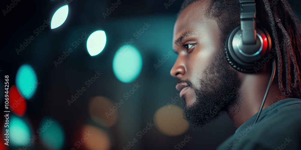 DJ engrossed in music with headphones, night music professional
