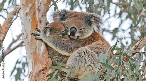 A mother koala cradles her joey in the crook of her arm, nestled in a eucalyptus tree. photo