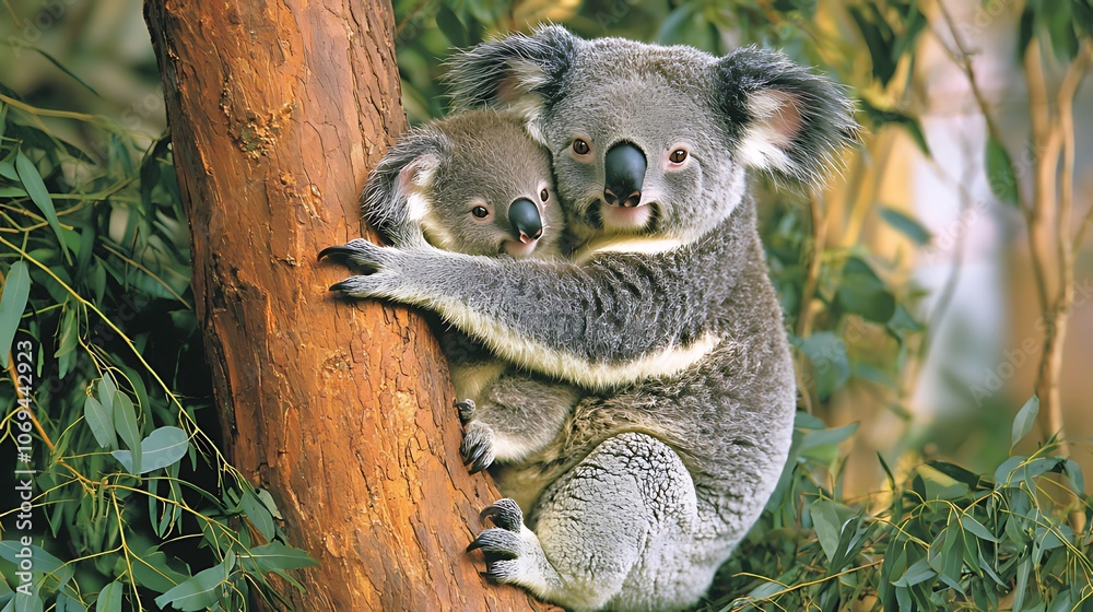 Obraz premium A mother koala cradles her joey in a eucalyptus tree.
