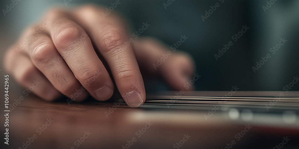 Guitarist's fingers pressing the guitar strings in focus,the precision and skill involved in making music Guitarist's fingers pressing the guitar strings in focus,the precision and skill involved in making music