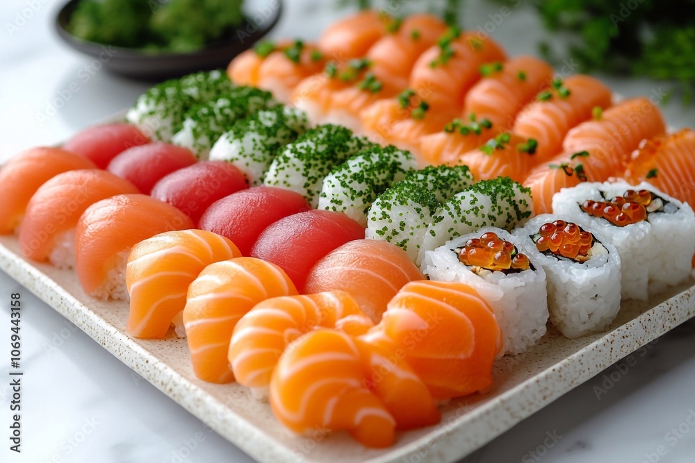 A plate of various sushi served on a light background, large space for text on the right. A plate of various sushi served on a light background, large space for text on the right.