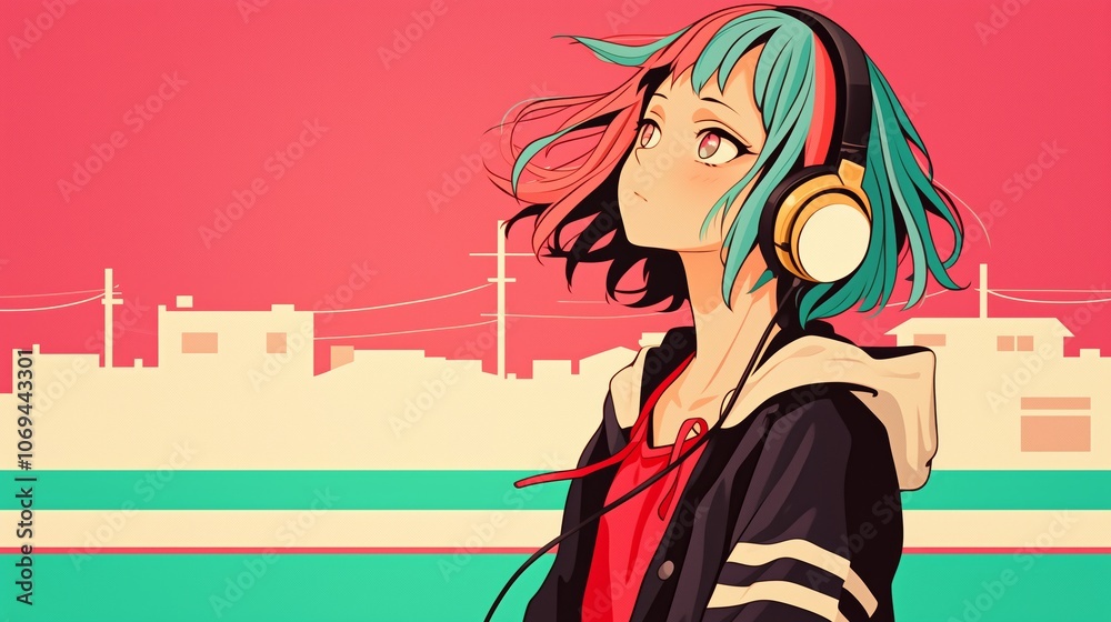 cute anime girl hair blowing in the wind listening to lofi hip hop music with headphones. Manga, cartoon drawing. cute anime girl hair blowing in the wind listening to lofi hip hop music with headphones. Manga, cartoon drawing.