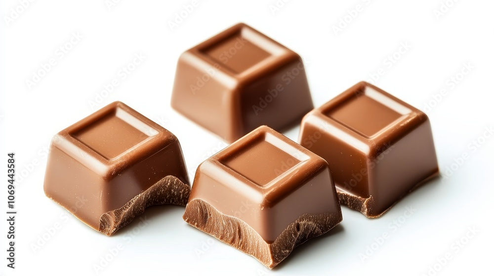 Close-up of delicious milk chocolate pieces, glossy and smooth surface, isolated on white background, perfect for confectionery advertising Close-up of delicious milk chocolate pieces, glossy and smooth surface, isolated on white background, perfect for confectionery advertising