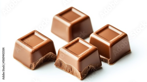 Close-up of delicious milk chocolate pieces, glossy and smooth surface, isolated on white background, perfect for confectionery advertising