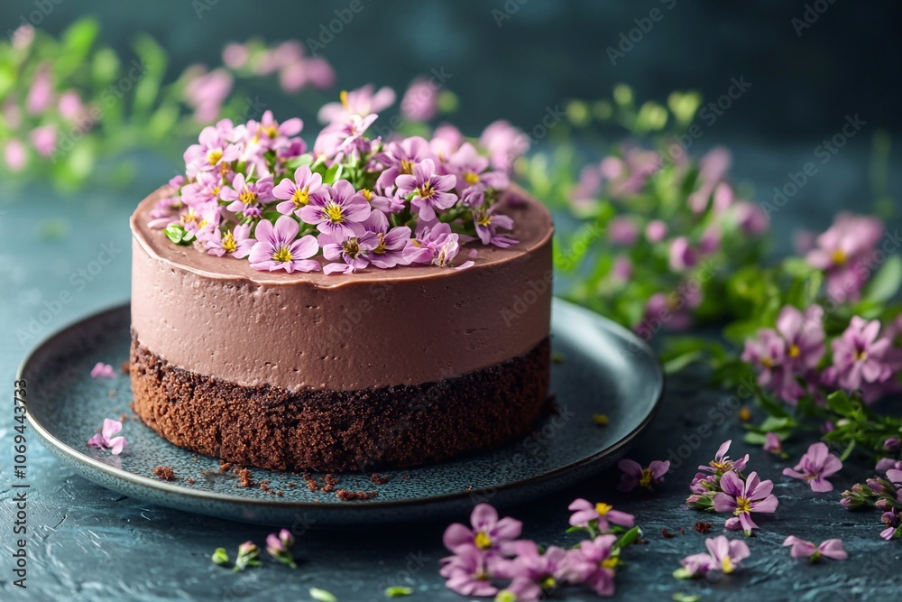 Chocolate cake dessert on background with flowers, big space for text below.