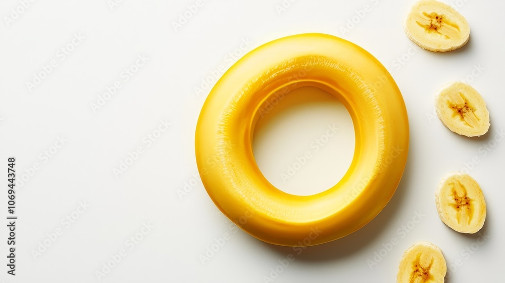 Banana slice with a perfect circular shape, rich golden hue, isolated on white, delicate shadows highlighting the smooth surface and interior fibers Banana slice with a perfect circular shape, rich golden hue, isolated on white, delicate shadows highlighting the smooth surface and interior fibers