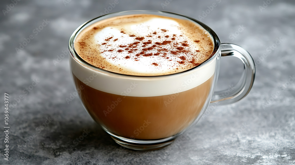 Side view of delicious cappuccino coffee with milk foam sprinkled with cinnamon in a transparent glass mug on a gray background, horizontal format Side view of delicious cappuccino coffee with milk foam sprinkled with cinnamon in a transparent glass mug on a gray background, horizontal format