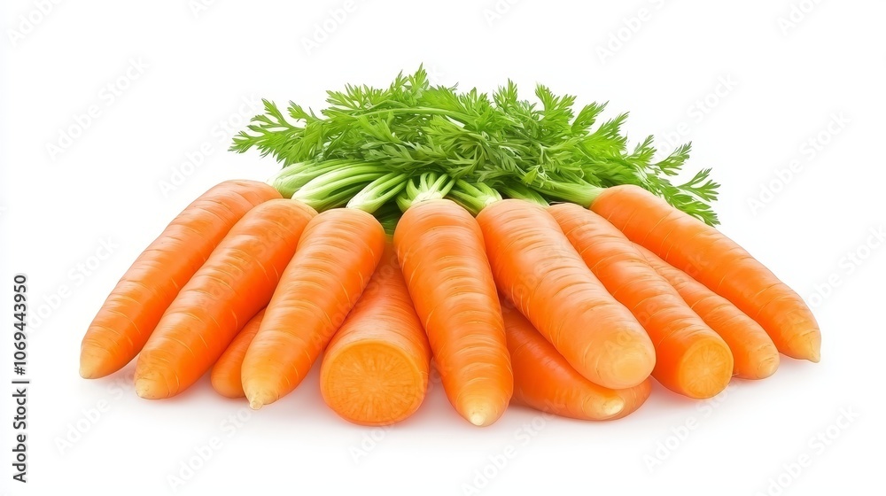 Carrots arranged in a fan shape, bright orange with leafy green tops, isolated on a white background, highlighting the vibrant colors and freshness Carrots arranged in a fan shape, bright orange with leafy green tops, isolated on a white background, highlighting the vibrant colors and freshness