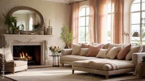 A cozy living room with a fireplace, a large sectional sofa, and large windows.