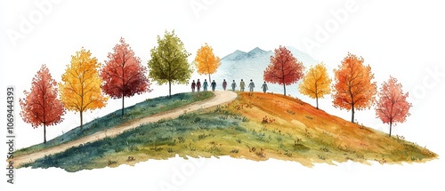 the Tranquility of a Watercolor Countryside Landscape with Friends Walking Amidst Autumn Colors photo