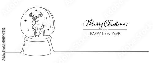 One continuous line drawing of Christmas snow globe with reindeer. Magic glass ball for winter xmas holiday concept in simple linear style. Editable stroke. Doodle vector illustration