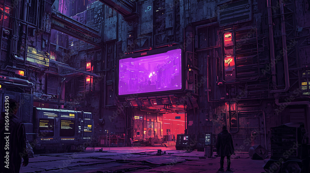 Dark cyberpunk alley with neon lights and futuristic billboards, featuring a gritty urban atmosphere Dark cyberpunk alley with neon lights and futuristic billboards, featuring a gritty urban atmosphere