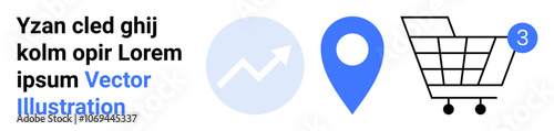 Text block, rising graph icon, blue location pin, shopping cart with number 3 notification. Ideal for business, travel, navigation, online shopping, digital marketing, data analysis. Landing page