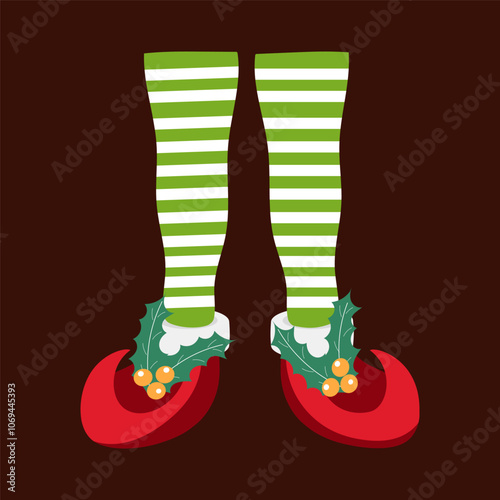 Legs in striped red pyjama and green Christmas elf shoes. Hand drawn vector illustration.