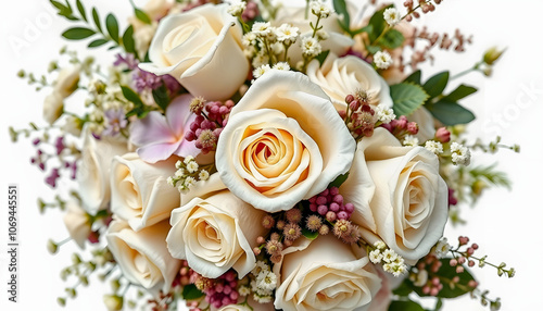 Stunning Close-Up of White Roses Bouquet and Wildflowers on White Background. Weddings, Celebrations, and Romantic Events Floral Background highlighted by white, png